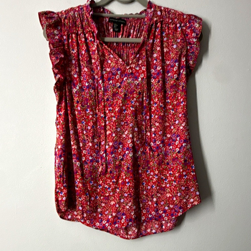 Adrienne Vittadini Red Floral Ruffle Smocked Sleeveless Blouse Womens S